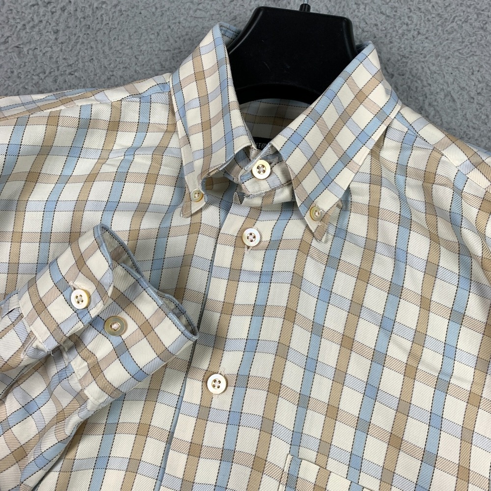 Vintage Gitman Brothers Shirt‎ Men's Medium Cream/Tan/Blue Plaid Check USA Made